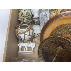 Set of metal weighing scales, pair of Chinese style ceramic table lamps, blue and white ceramics, oriental ceramics and a collection of other glassware, metal ware and collectables, in five boxes 