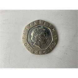 Queen Elizabeth II undated error twenty pence coin, from 2008