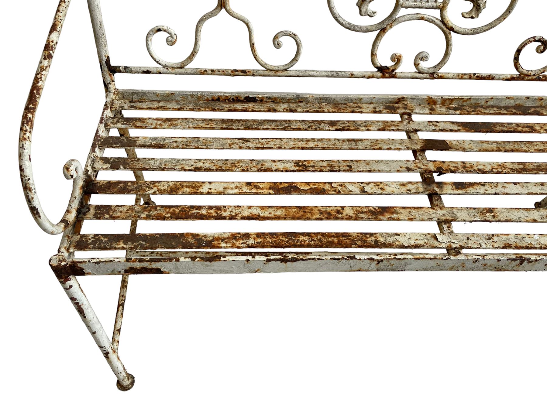 Regency design wrought metal garden bench, central lyre back with foliate S-scrolls with serpent masks, flanked by two floral mouldings and further scrolling, metal slatted seat on straight supports joined by H-stretcher  - THIS LOT IS TO BE COLLECTED BY APPOINTMENT FROM DUGGLEBY STORAGE, GREAT HILL, EASTFIELD, SCARBOROUGH, YO11 3TX