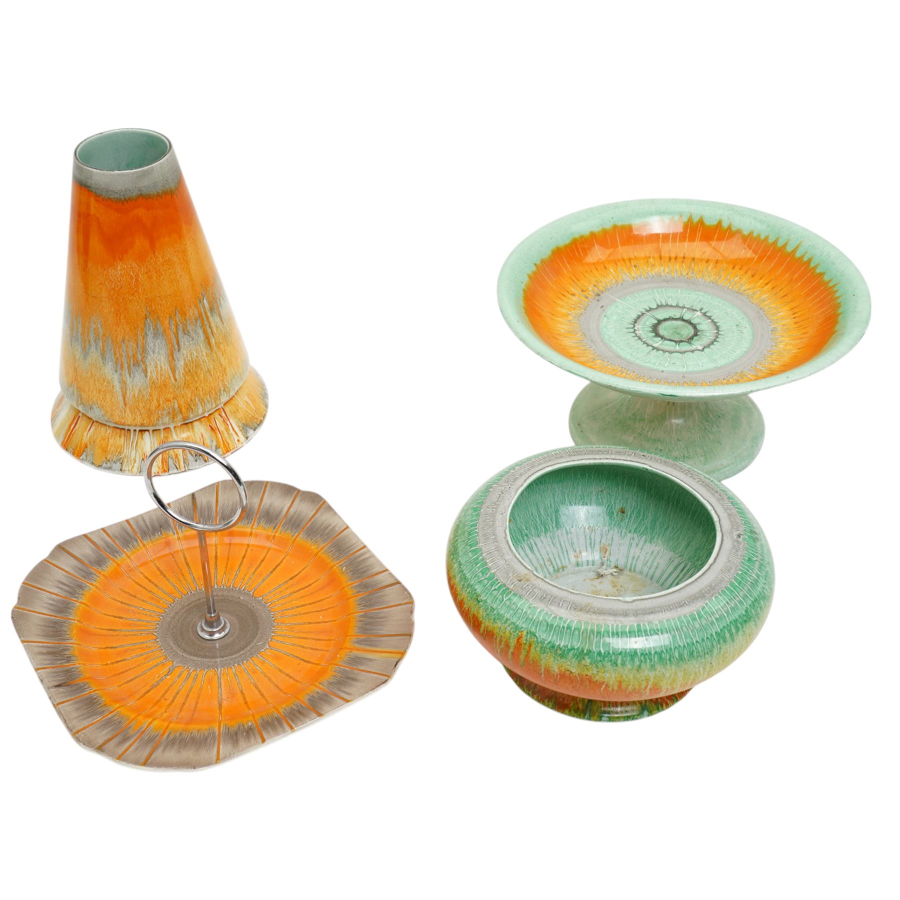 Collection of Shelly Harmony Drip wares, including conical form volcano vase, cake stand, raised bowl and squat vase, in shades of brown orange and green, volcano vase H21cm (4)