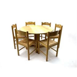 Treske of Thirsk circular ash dining table (D112cm, H72cm), together with six chairs, turned supports and stretchers (W43cm) 