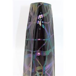 Austrian Art Nouveau Pallme-Konig vase, the tapering triangluar iridescent black glass body with irregular matt thread decoration, H26cm