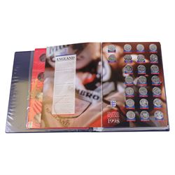 Collection of Football related trading cards, stickers and coins, including 1990 Esso World Cup Coin Collection, an empty 2010 Esso Official England Medal Collection Folder, incomplete 1990 Italy World Cup Commemorative Medal Collection, 1998 The Official England Squad Medal Collection, 1970s Topps All Stars Cards, 1992 Panini Official Football Players cards, Euro 2008 Collectors Binder and Cards, Panini 2009/10 Champions League Stickers, etc housed in four folders