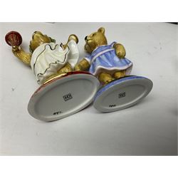Eight Halcyon Days Teddy Bear of the Year figures, from 1993 to 2000, including one example modelled as a bear in Greek dress carrying a torch, one example modelled as a schoolboy and one example in a blue dress, all boxed 