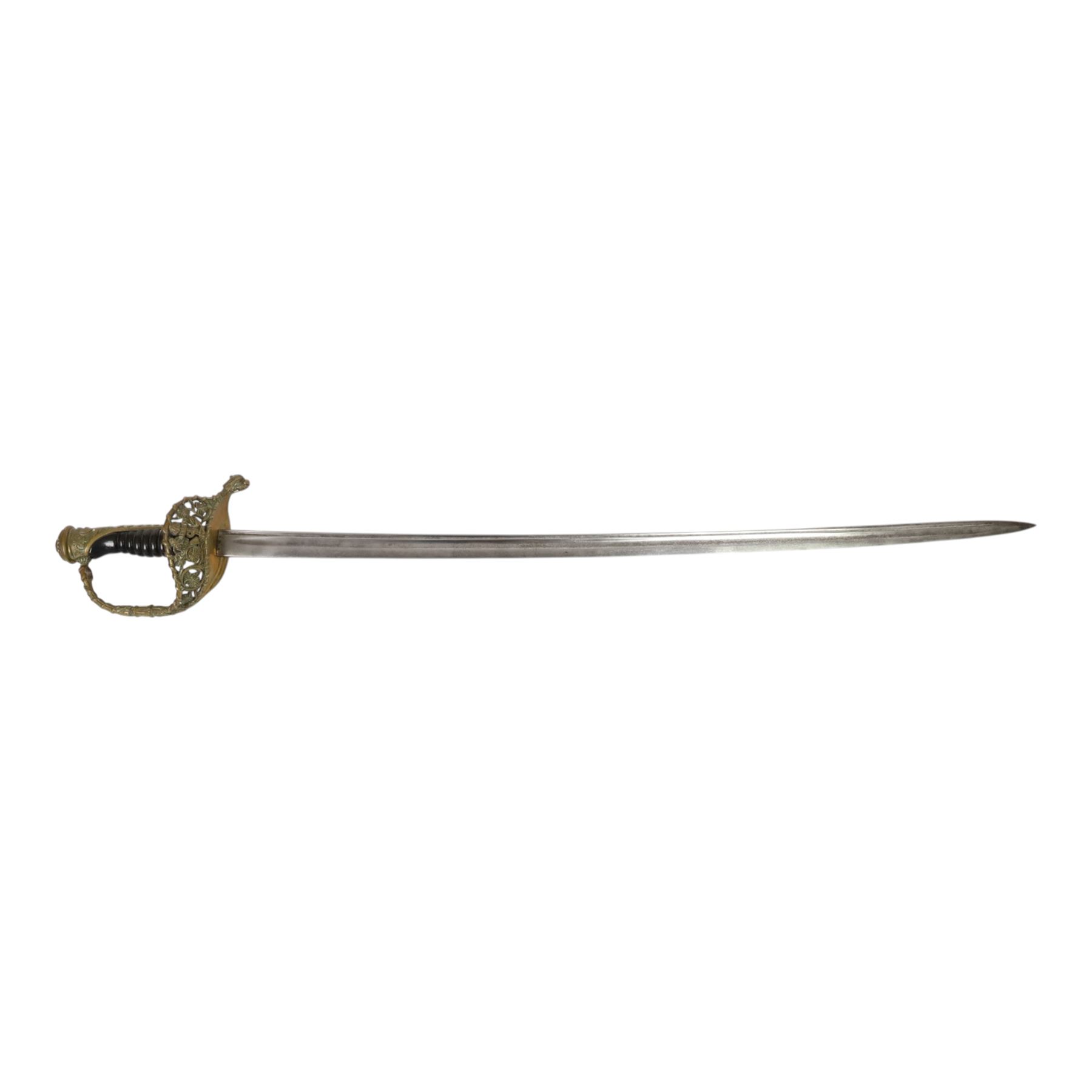 French 1837 pattern officers sword, 70cm single edged blade, with pierced brass hilt, ribbed grip, with brass mounted leather scabbard, L85cm