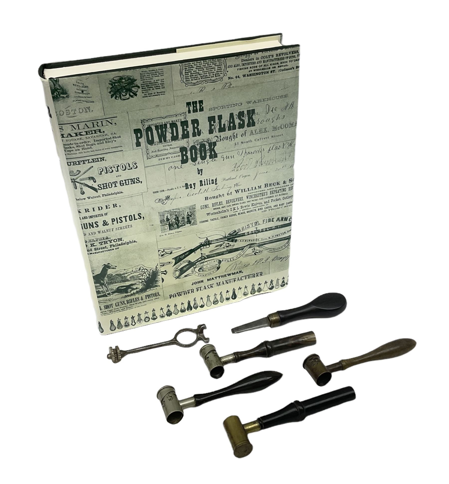Riling Ray: The Powder Flask Book. 1992 R&R Books facsimile edition of the 1953 original; four powder measures including two by G. & J.W. Hawksley with horn handles; 16-bore combined spent cartridge and broken case remover; and turnscrew screw-driver (7)