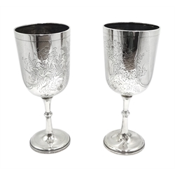 Pair of Victorian silver goblets, engraved floral decoration by Josiah Williams & Co, London 1895/6, approx 22oz 