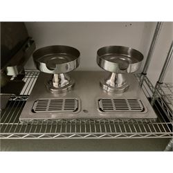 Four dome top food warmers, mixing bowls, aluminium trays, toaster, paper cups, juice stands, chafing fuel etc- LOT SUBJECT TO VAT ON THE HAMMER PRICE - To be collected by appointment from The Ambassador Hotel, 36-38 Esplanade, Scarborough YO11 2AY. ALL GOODS MUST BE REMOVED BY WEDNESDAY 15TH JUNE.