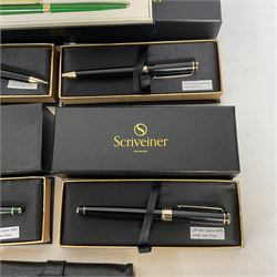 Four Scriveiner pens, comprising fountain and rollerball examples, together with a Dryden Designs fountain pen, and Montegrappa pen case