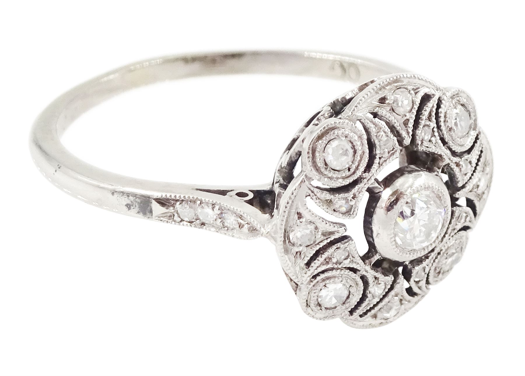 Art Deco French 18ct white gold diamond ring, the principal old cut diamond of approx 0.10 carat, surrounded by single and rose cut diamonds, in a milgrain pierced design setting, with diamond set shoulders, Eagle hallmark