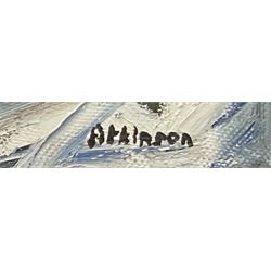 Sue Atkinson (British 1949-): 'September Fishing, Runswick Bay', oil on canvas signed, titled verso 39cm x 39cm 
Provenance: with Walker Galleries Harrogate, label verso