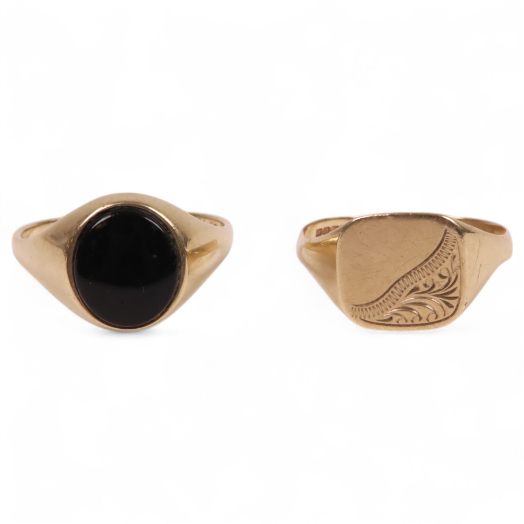 Two 9ct gold signet rings, including onyx example, both hallmarked