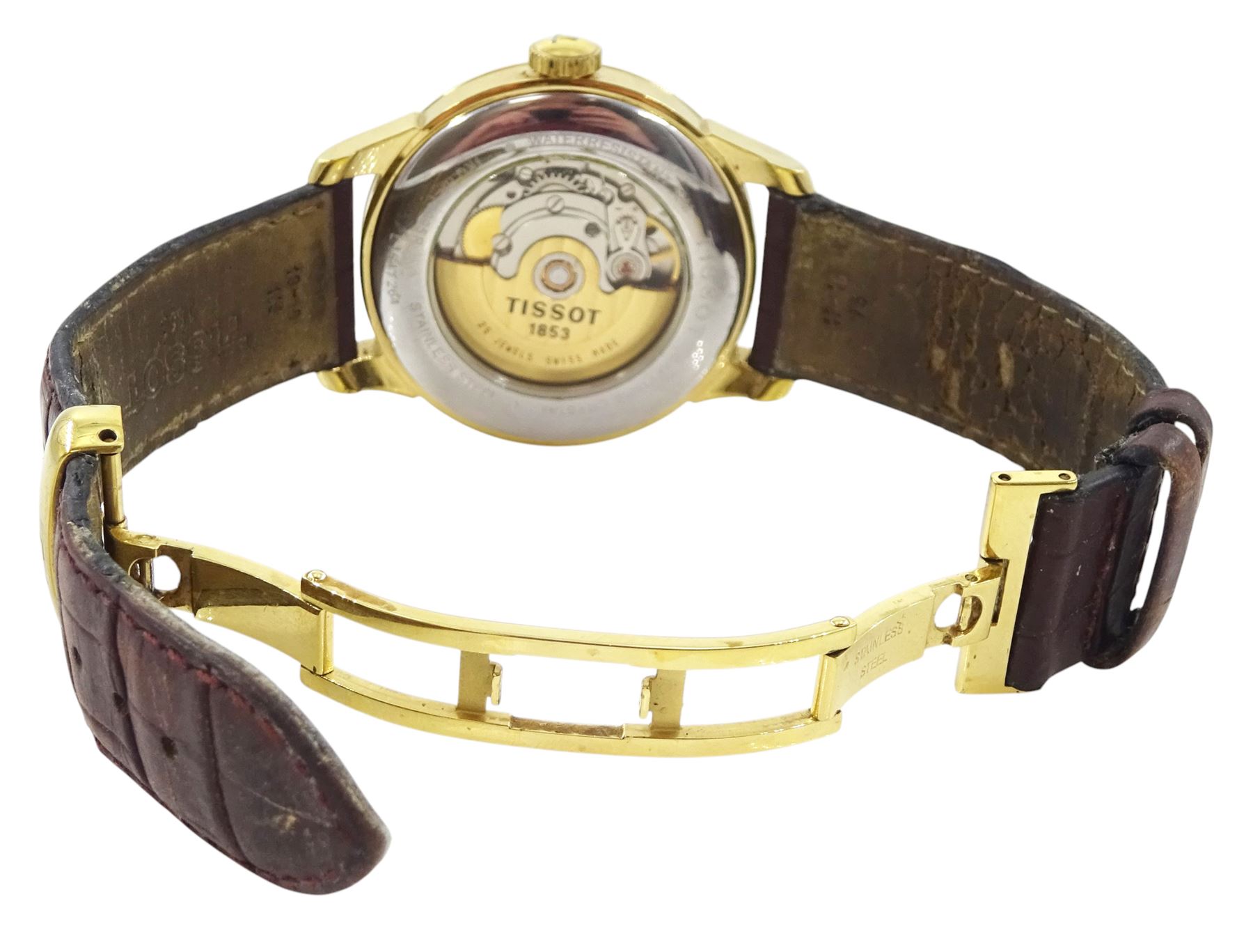 Tissot le Locle gentleman's stainless steel and gold-plated automatic wristwatch, Ref. L164/264, white dial with Arabic hour markers and date aperture, on original brown leather strap, with fold-over clasp