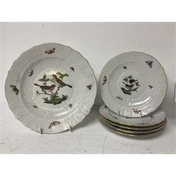 Herend of Hungary Rothschild bird pattern, part tea service, comprising two large teacups and saucers, two teacups and three saucers, milk jug, sugar bowl, five dessert plates and two side plates (18)