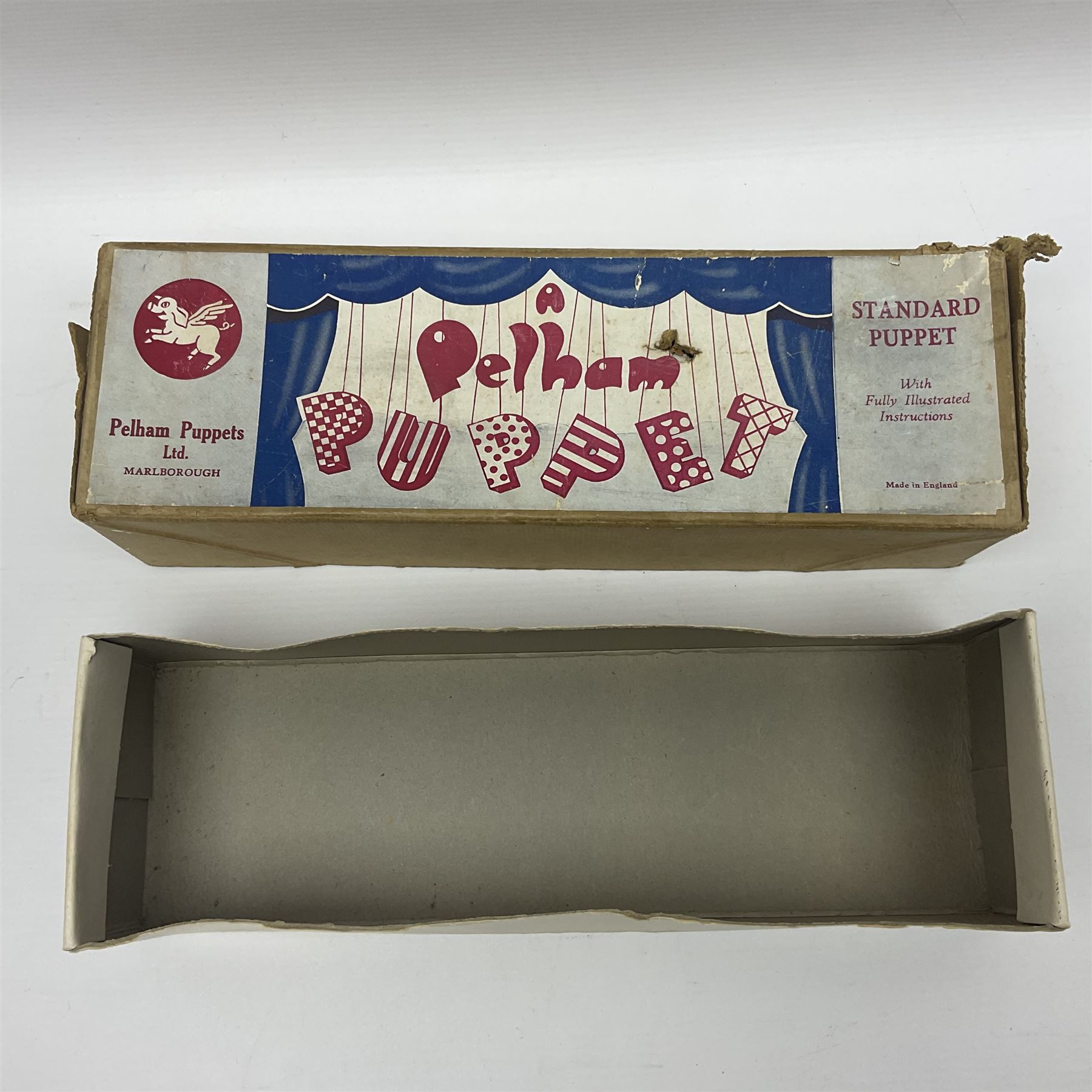 Pelham Puppet - a rare type SM Harlequin circa 1950s with painted black face mask, black felt hat, green ruff and red white chequered suit, H31cm; in original box with instructions 