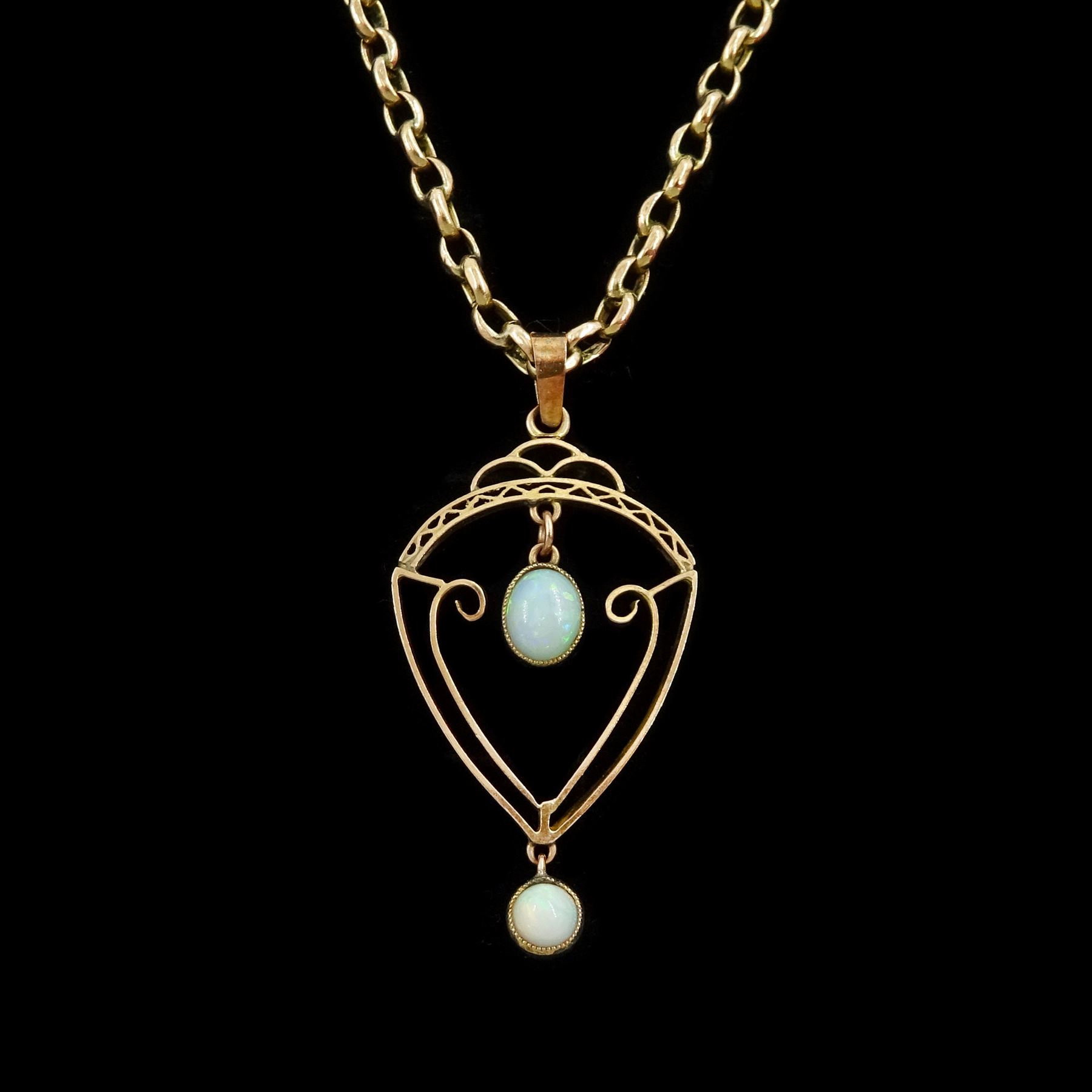 Edwardian 9ct rose gold two stone opal pendant necklace, both stamped