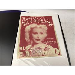 Two albums of Victorian and later sheet music, many with attractive illustrated coloured covers, to include some war and air force related examples to include The Frost Polka, Milk to my Tea, Tour Songs of the Air Service, Silver Wings in the Moonlight, etc, some facsimile