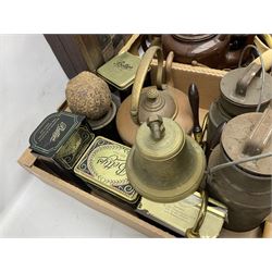 Mauchline ware trinket box and thimble holder, together with copper kettle, two large brown enamel teapots, wooden chess board, brass bell, hot water urn, and other metal ware etc, in three boxes 