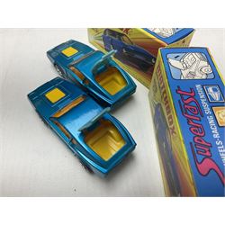 Matchbox 1-75 Series 'Superfast' ex-shop stock - eight models comprising two 62d Dragster, two 64c Slingshot Dragster, two 65d Saab Sonnet III and two 75c Alfa Carabo; all boxed; together with Matchbox trade catalogue c1973 in original vinyl cover (9)