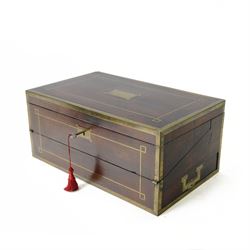 19th century brass bound mahogany writing slope with twin drop carry handles to sides, the...