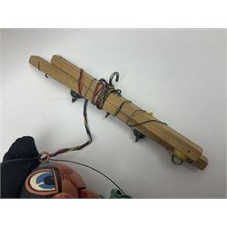 Pelham Puppet - a rare type SM Harlequin circa 1950s with painted black face mask, black felt hat, green ruff and red white chequered suit, H31cm; in original box with instructions 