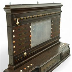 Victorian wall-mounted oak and walnut cased scoreboard,  moulded top, with a name stencilled in the frieze ‘J. Ashcroft, Victoria Street, Liverpool’, the board with chalk panel in the centre for recording scores, sliding panels on both sides for the various games of Billiards and Snooker, two numbered rotating arms with adjustable sliding score keepers, the base section with 5 apertures on each side, and coloured ivory roundels, all with glass front for viewing the tokens inside, with drawers beneath, the centre has a long glass panel for storing billiard balls, circa 1870 This item has been registered for sale under section 10 of the APHA Ivory Act Reference UNEGEBLB
