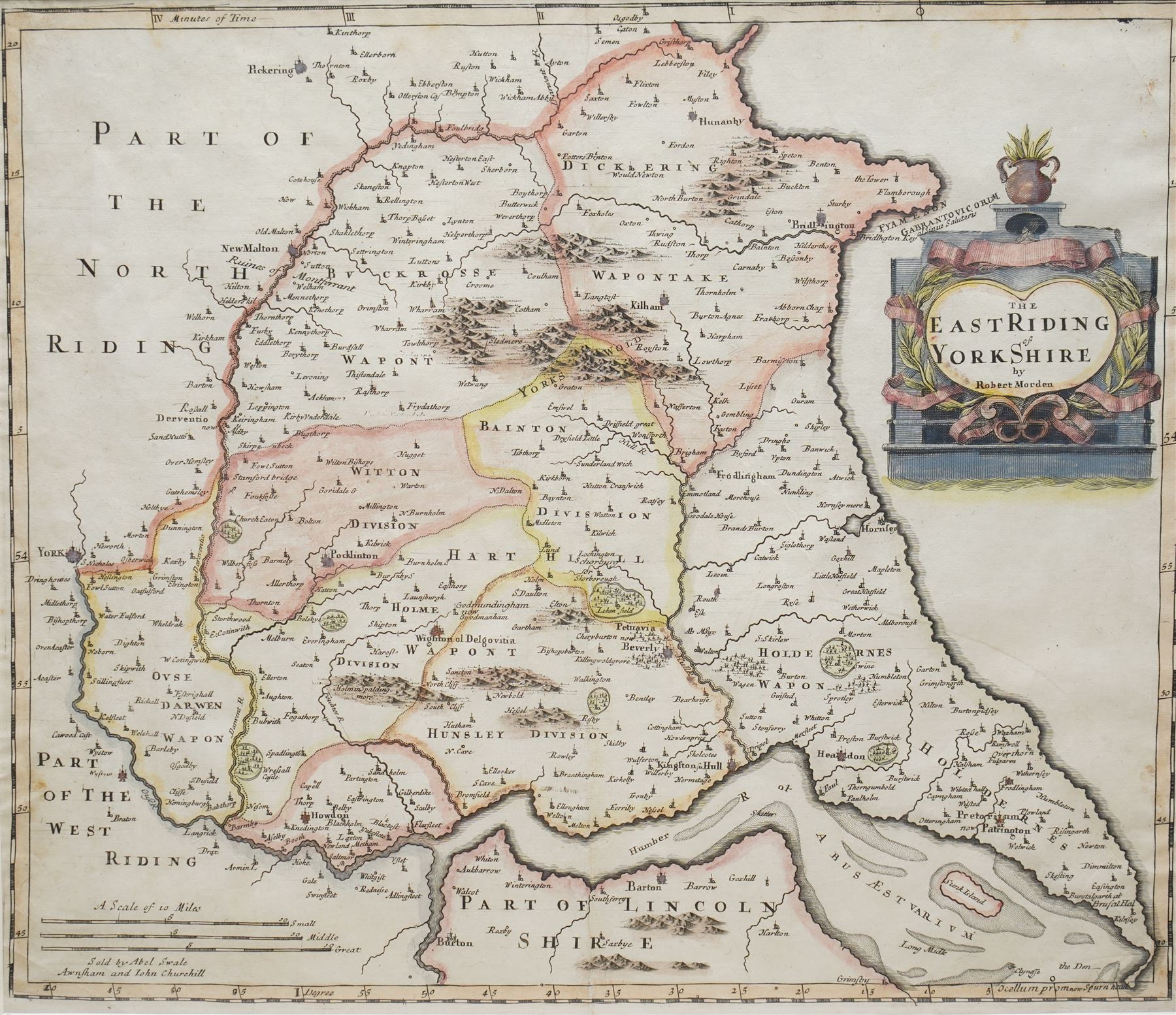 Robert Morden (British c.1650-1703): 'The East Riding of Yorkshire', 17th/18th century engraved map with hand-colouring 38cm x 43cm