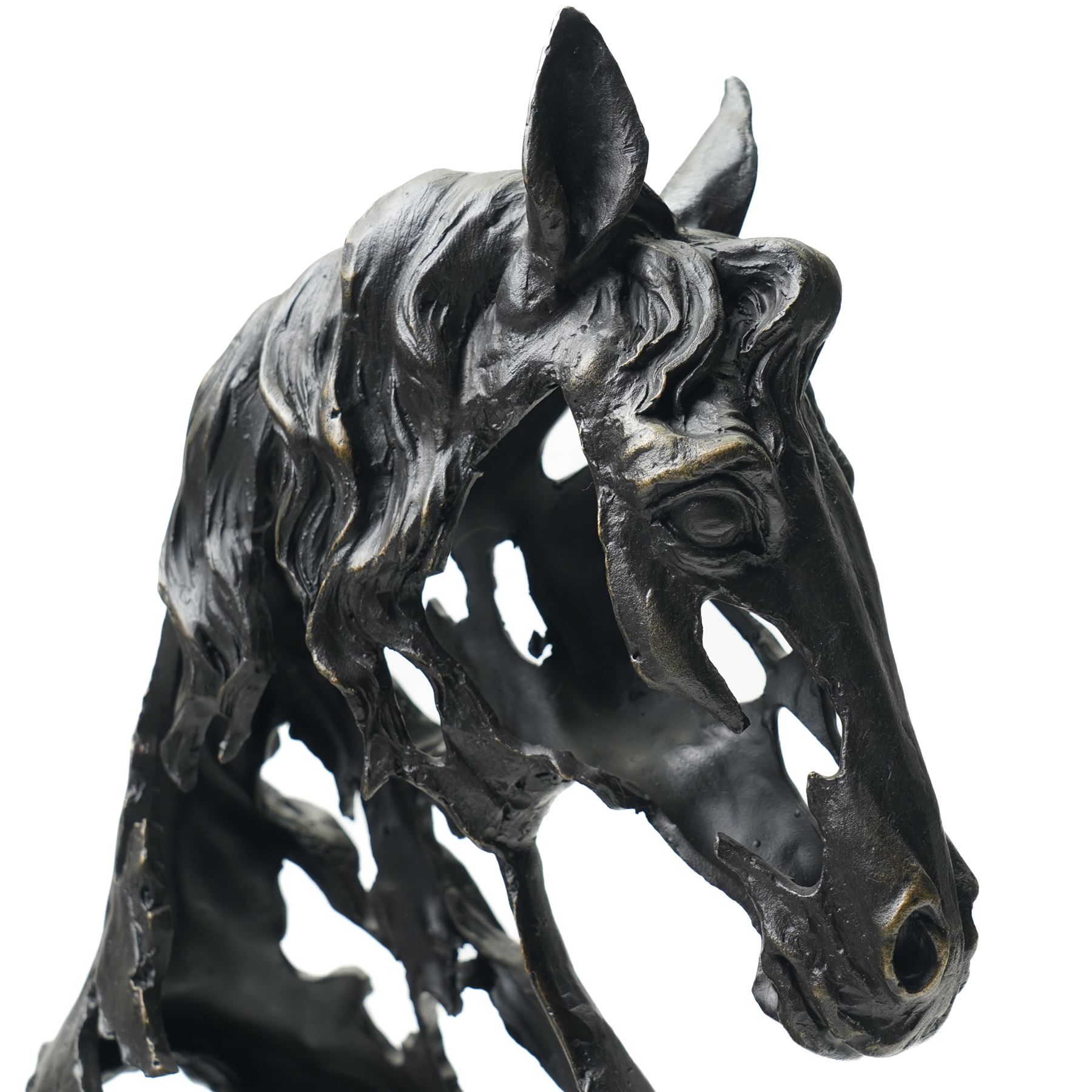 Stylised horse head, bronze, signed Gadi and bearing foundry mark, upon black stone square plinth, overall H41cm