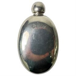 Silver cigarette case and birth record spoon, together with a silver plated hip flask