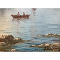 Nils Hans Christiansen (Denmark 1850-1922): Day and Eventide on the Fjords, pair oils on board signed 40cm x 22cm (2)
