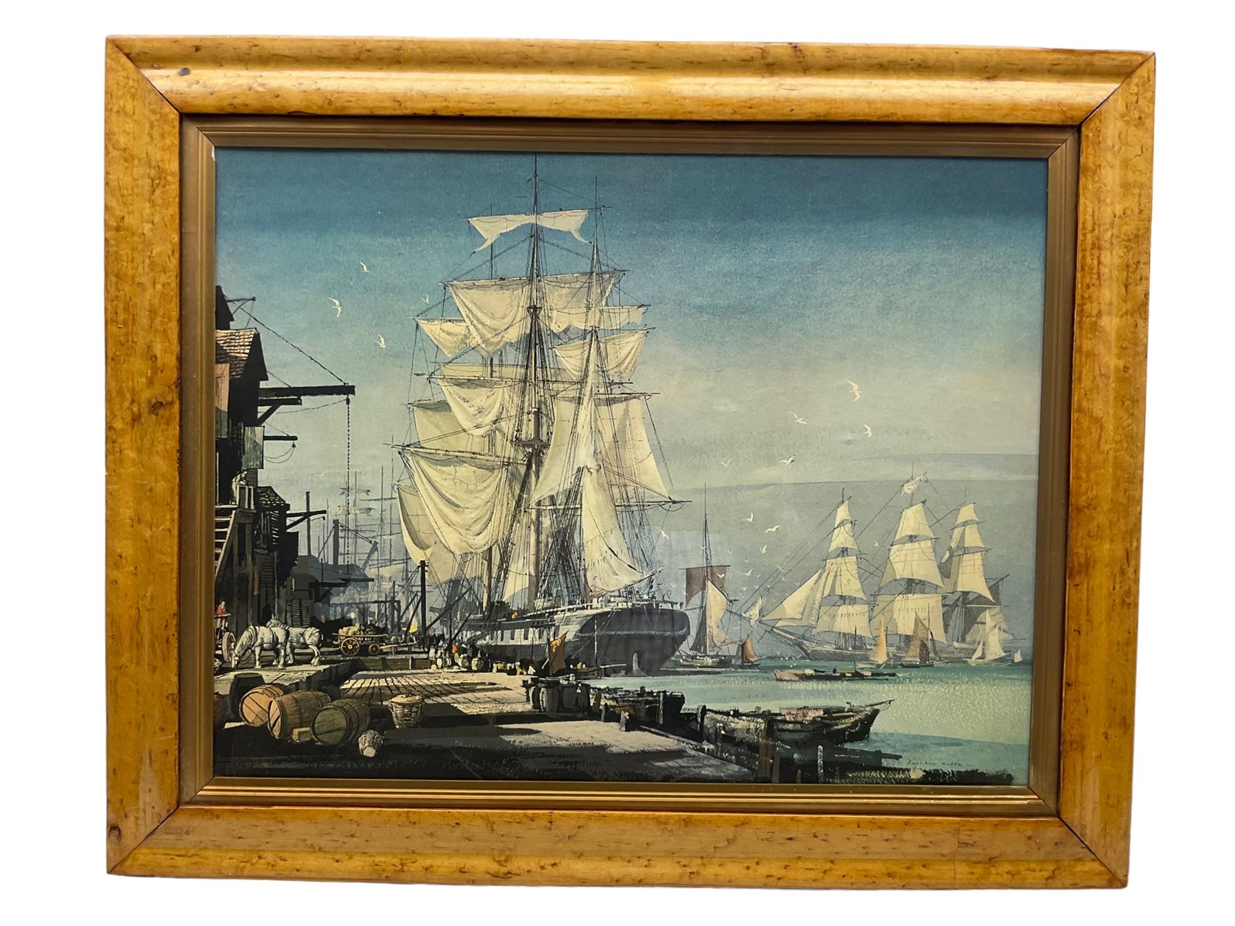 After Rowland Hilder (British 1905-1993): 'In the Days of Sail', mid 20th century print 50cm x 65cm in bird's eye maple frame; two Russell Flint prints, and another Classical print (4)