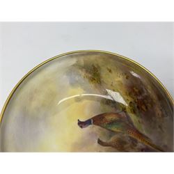 1938 Royal Worcester circular pedestal pin dish, decorated with pheasants in a landscape by James Stinton, with printed mark beneath, D10.5cm