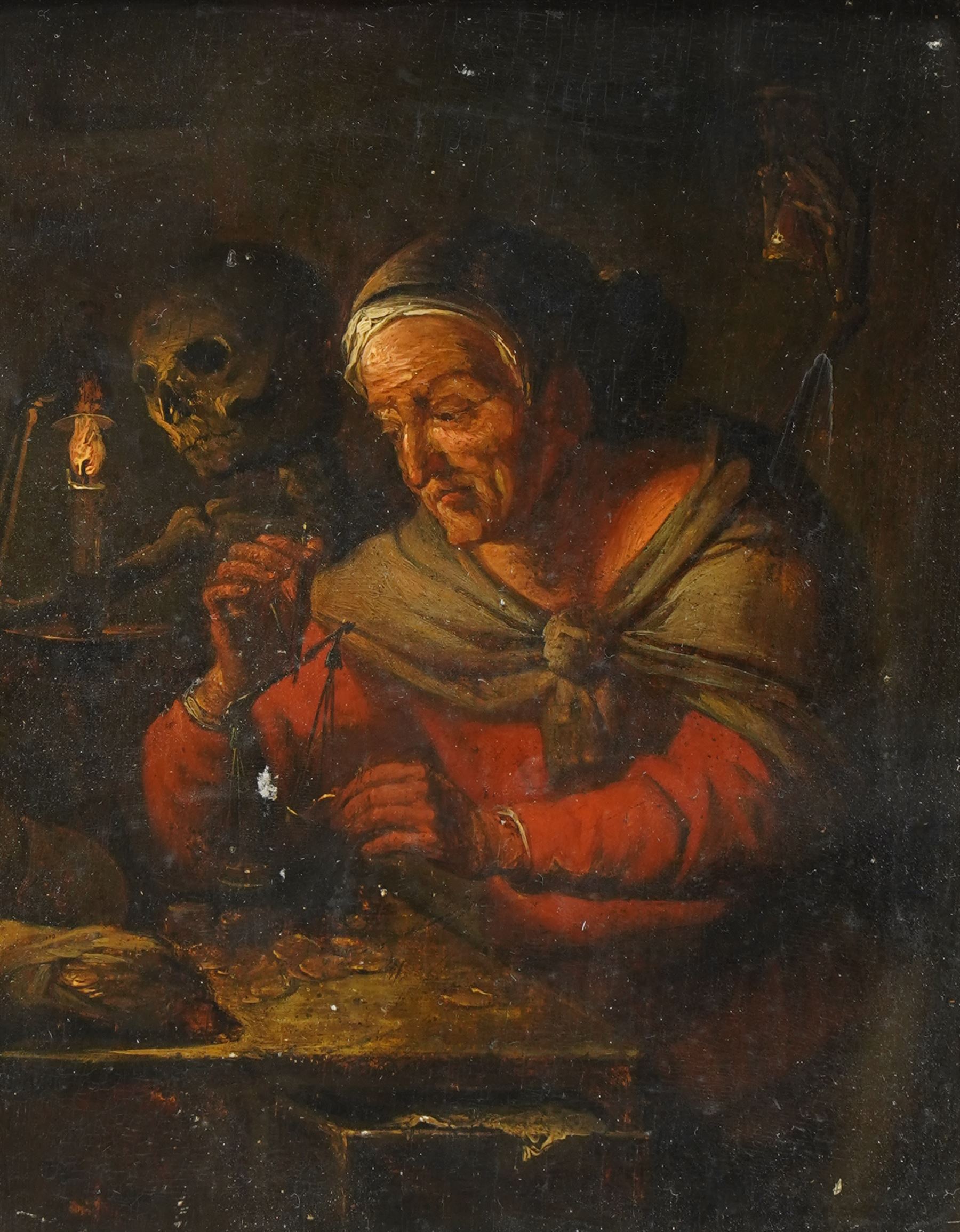 Manner of Gerrit Dou (Dutch 1613-1675): The Miser, oil on panel unsigned 24cm x 19cm
Notes: this picture emphasises chiaroscuro whilst incorporating the symbolic elements of memento mori and vanitas. The miser's obsession with wealth, contrasted with the looming presence in the background, highlights the transience of material possessions and the inevitability of mortality - the use of light further draws our attention to this.