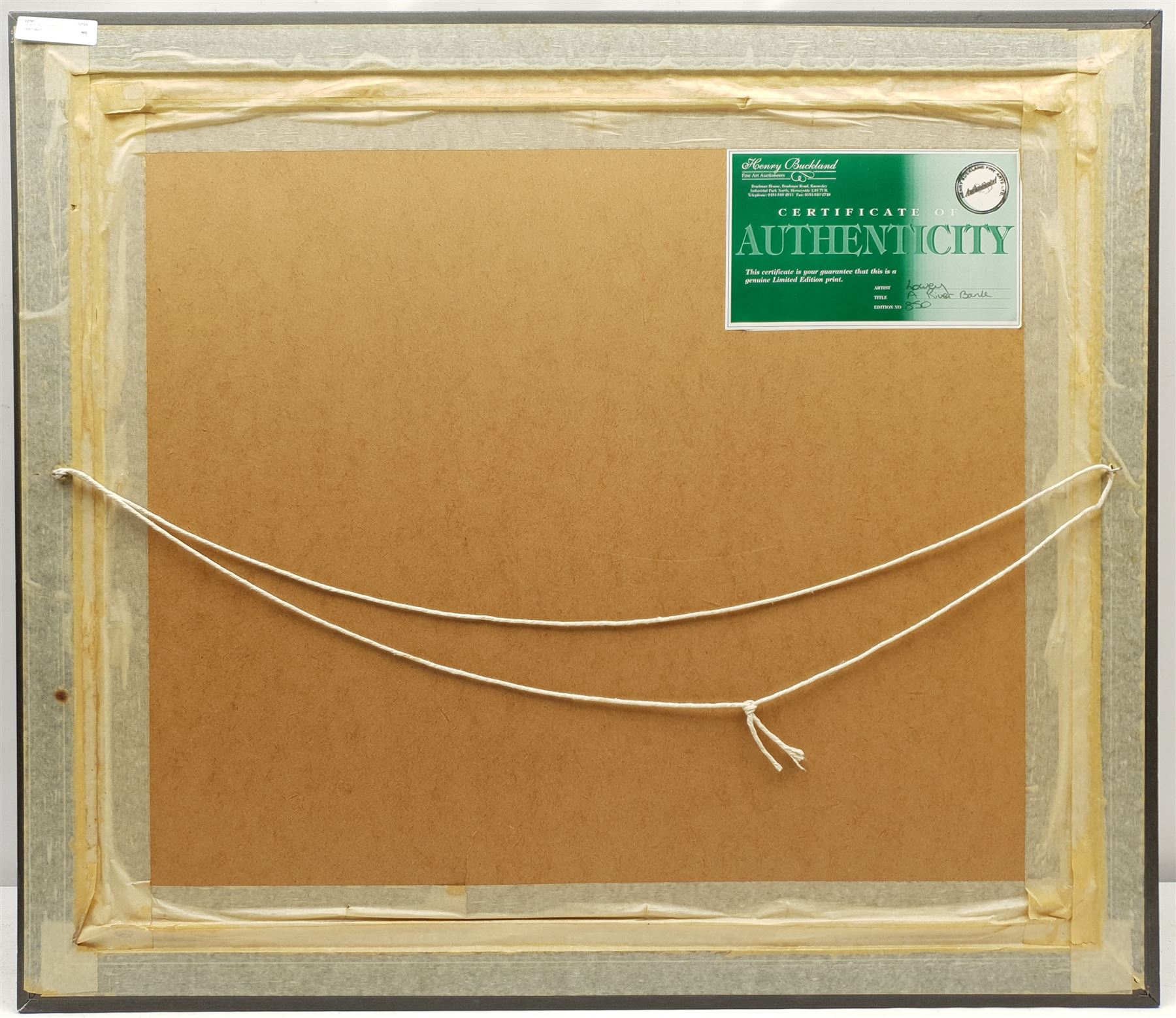 After Laurence Stephen Lowry (British 1887-1976): 'A River Bank', limited edition colour print No.592/850 with Henry Donn blindstamp, Henry Buckland COA verso 39cm x 50cm