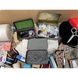  Victorian sampler worked with the alphabet by Carrie Monkman 1886, Victorian silver-plated cigarette case, Carlo simulated tortoiseshell motorised fan in case, Folding Opera Glasses, two chrome leaping Jaguar brooch and matching pin badge, quantity of sewing threads, lace etc