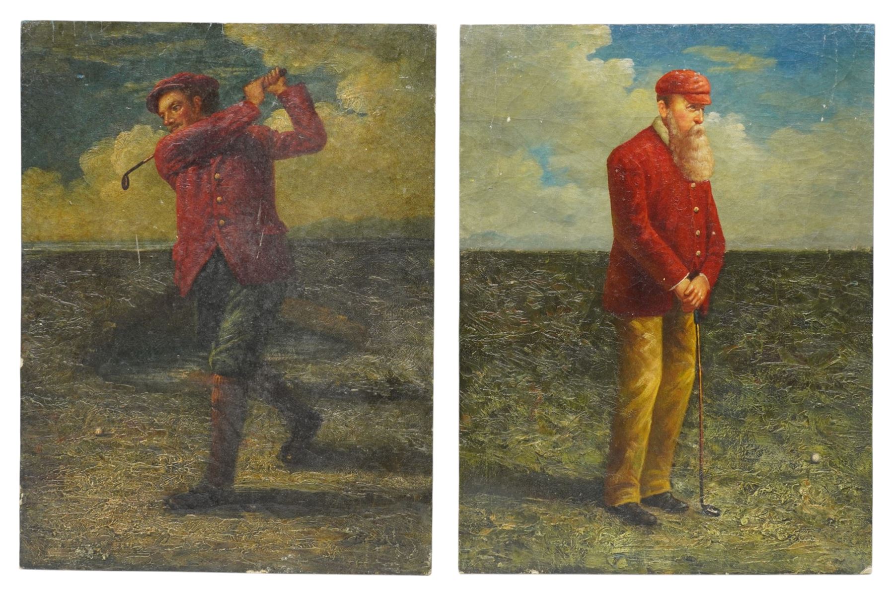 After Anton Maria Mucchi Vignoli (Italian 1871-1945): Professional Golfers Old Tom Morris and Young Tom Morris, pair of oils on wood panel one indistinctly signed 41cm x 31cm (2) (unframed)