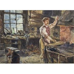 Albert George Stevens (Staithes Group 1863-1925): The Blacksmith's Forge, watercolour signed 20cm x 28cm