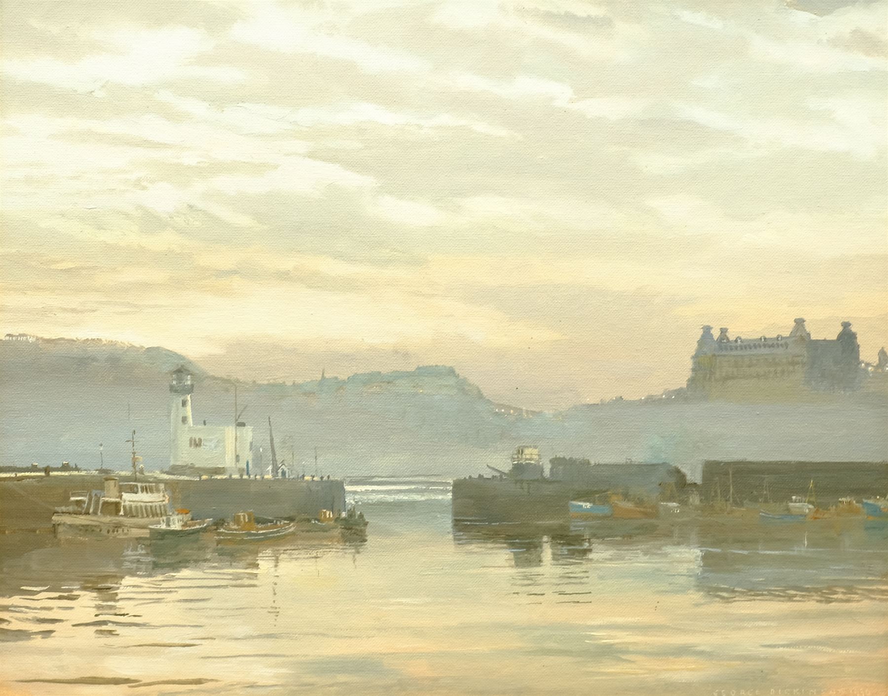 George Dickinson (British 20th century): Scarborough Harbour at Dusk, oil on board signed and dated 1990, 40cm x 50cm
