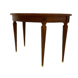 Contemporary cherry wood demi-lune console table, on tapering turned supports with fluting