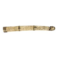 Japanese Bone Tanto, with 20cm single edged blade, with carved bone handle and scabbard, w...