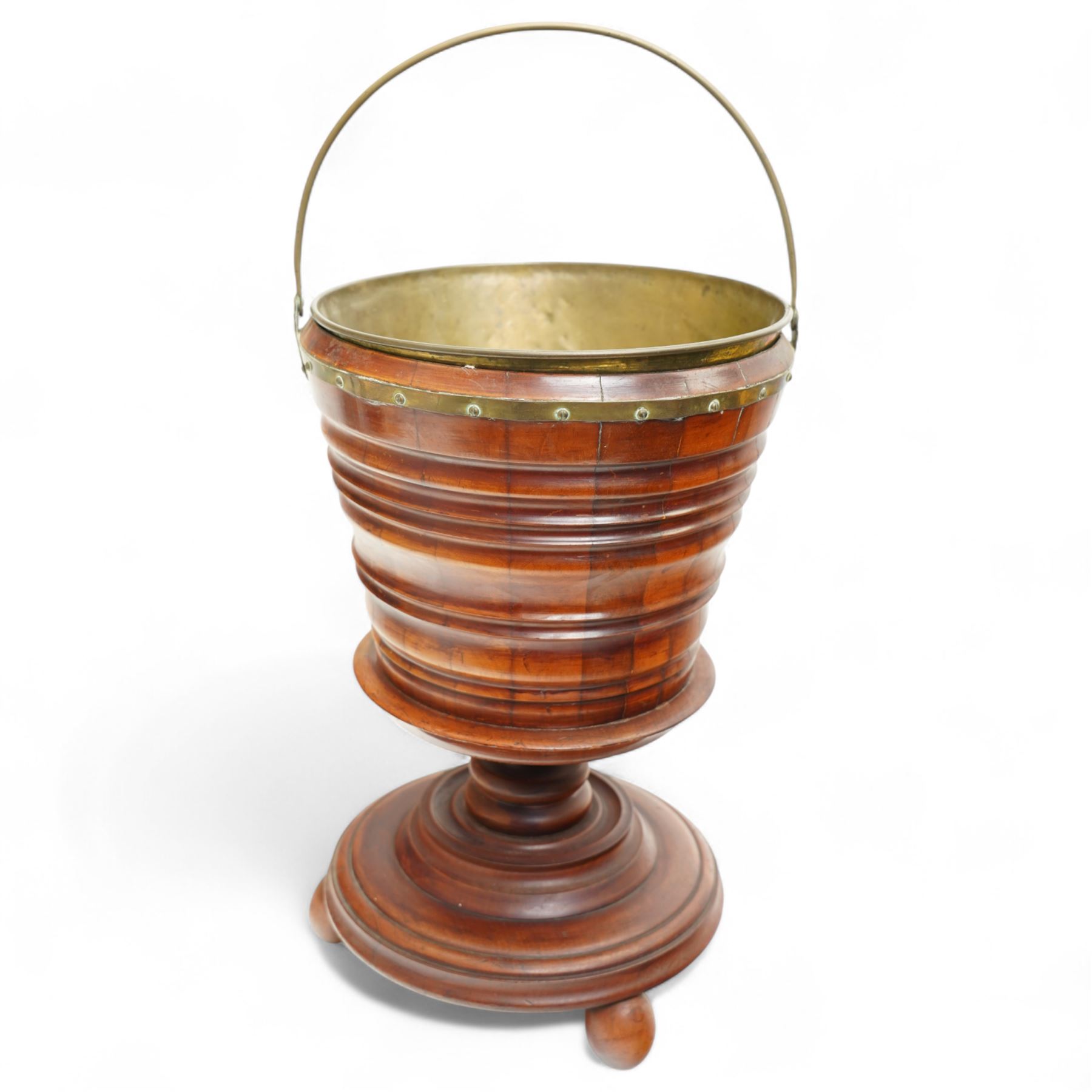 Dutch fruitwood peat bucket, with brass liner and swing handle, H44cm
