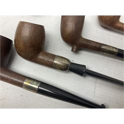 Collection of eight silver mounted pipes, comprising a briar wood Imperial ITC example with silver collar hallmarked A.W Birmingham 1903, horn handled example with silver collar hallmarked LB, probably Louis Blumfeld, Birmingham 1900, three examples marked B.W, one marked Globe A.O.C, Blumfeld's Best Briar pipe marked BBB and Riseagle example, together with two further pipes (10)