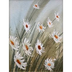 Nina Pickup (British 1947-): Autumn Tree in Field and Daisies, oil on board and watercolour, respectively, signed max 20cm x 20cm (2)