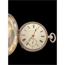 Late Victorian silver full hunter pocket watch by Tho Russell & Son no. 82844, with white enamel dial and subsidiary seconds dial, the front cover with blank cartouche, hallmarked Chester 1891