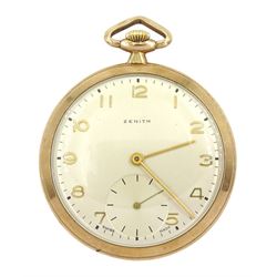 Mid 20th century 9ct gold open face keyless Swiss lever pocket watch by Zenith, No. 3387938, silvered dial with subsidiary seconds dial, London 1950