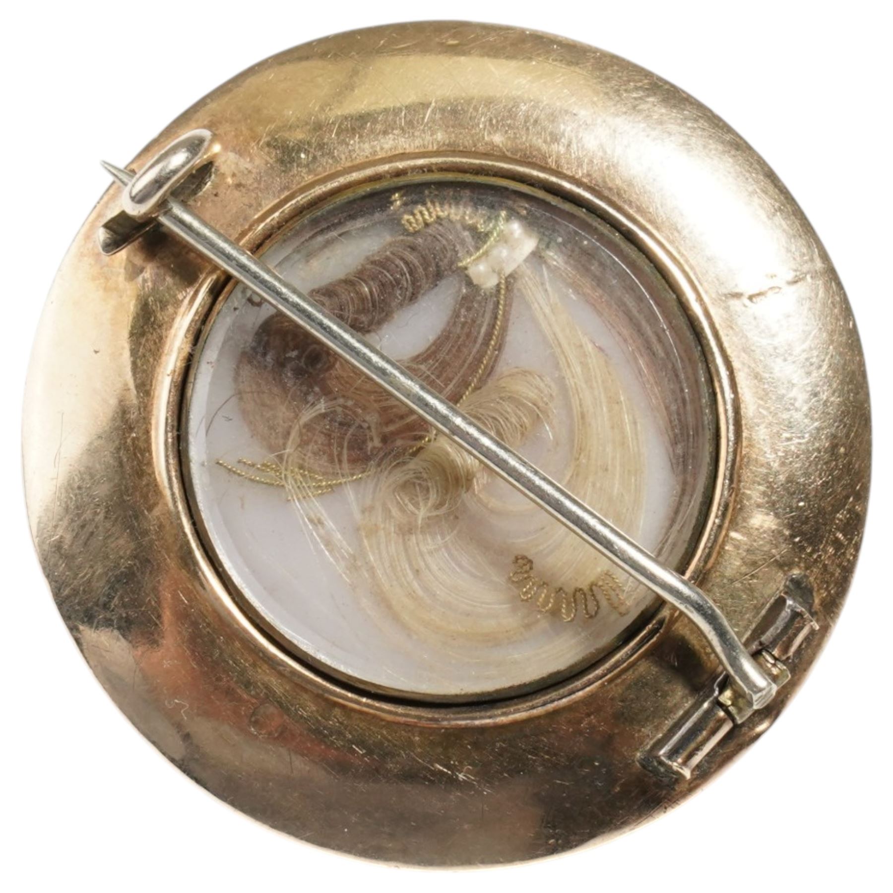 9ct gold seed pearl and black enamel brooch with hair inset panel to reverse