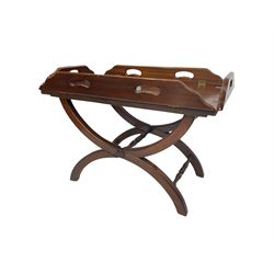 Victorian design mahogany butlers tray style coffee table, curved X-frame base