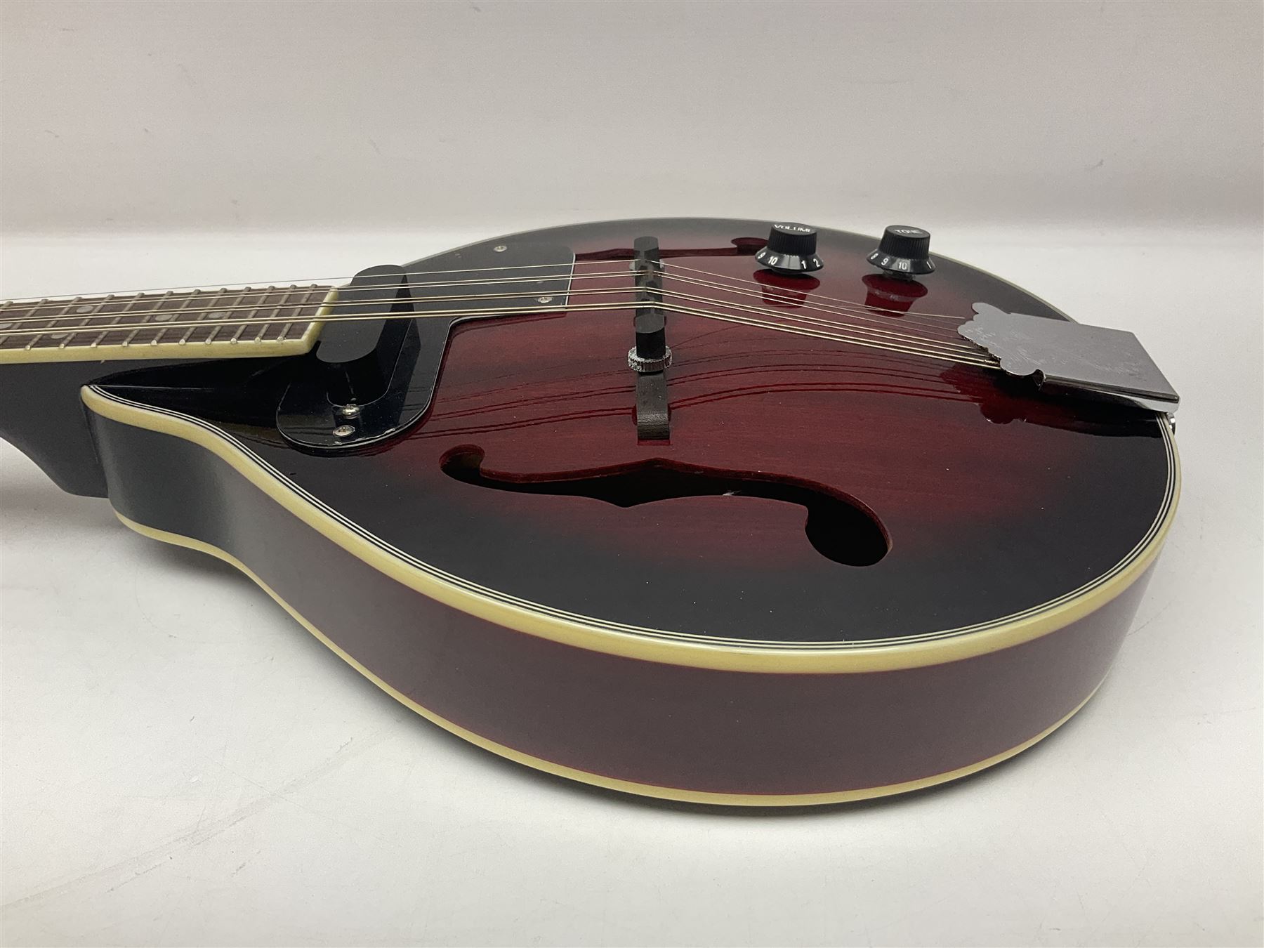 Stagg Model M50 E eight-string electro-acoustic mandolin; bears makers label L69cm; in cardboard delivery box with lead