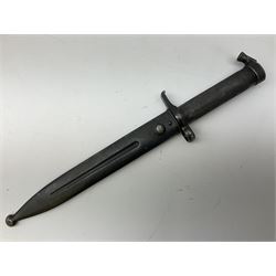German-made 1908 pattern bayonet by Weyersberg, Kirschbaum & Co, Solingen as used by the Brazilian Army, with 30cm fullered steel blade and hooked quillon numbered 107011 L43cm overall; and Swedish Carl Gustav M1896 Mauser knife bayonet with 21cm steel blade and machined steel grip; in metal scabbard, both numbered 299 L35cm overall (2)