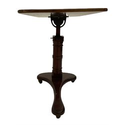 Carters Patent - 19th century mahogany reading table, adjustable stand on turned barrel pillar, shaped platform on castors 